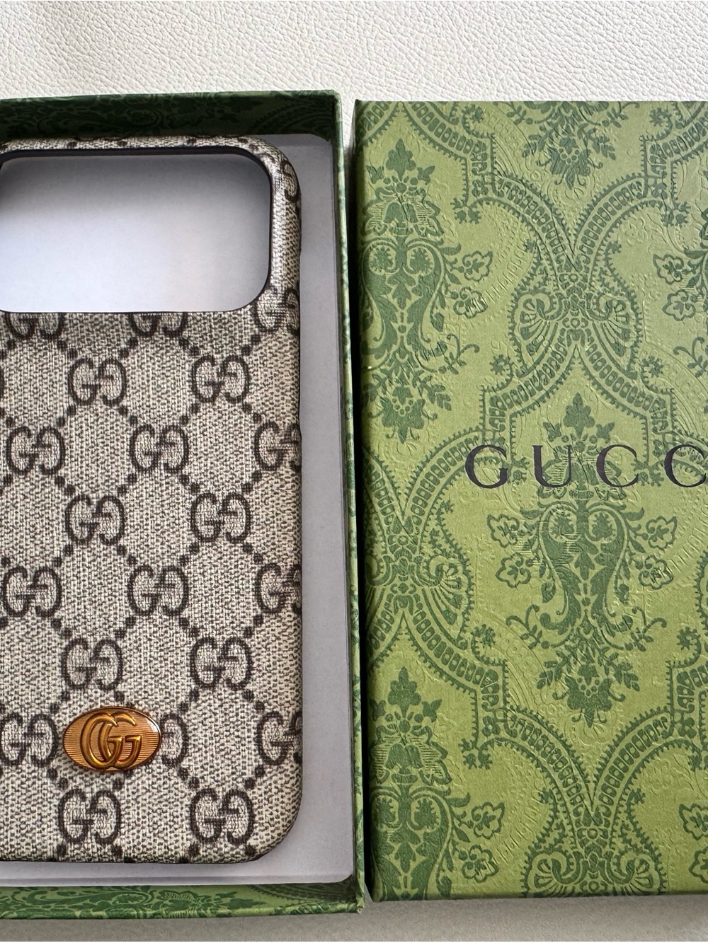 Gucci Beige GG Supreme Phone Case with Gold Logo Accent